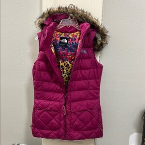 The North Face Magenta Puffer Vest with Faux Fur, colorful leopard inside